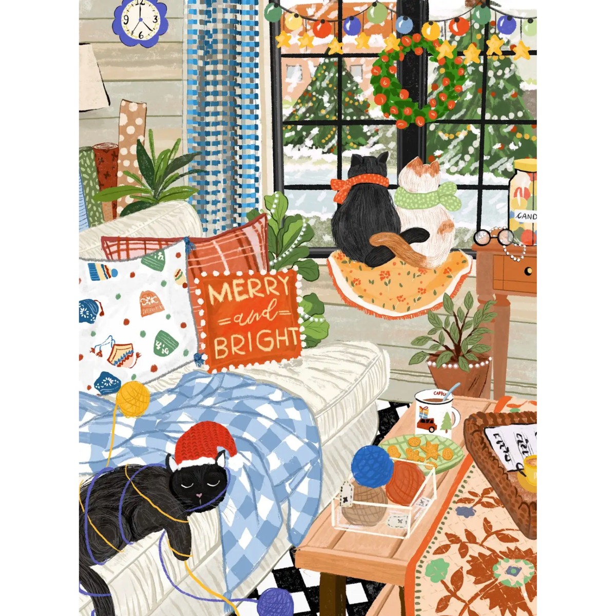 Cozy Cat Christmas puzzle artwork close-up: black cat beside a blue patterned bed