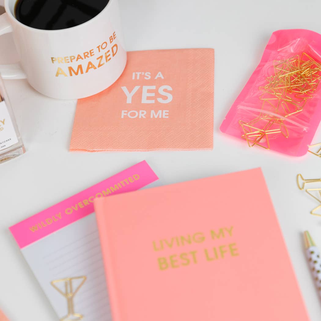 Orange and pink note pads with gold martini glass paper clips and pouch