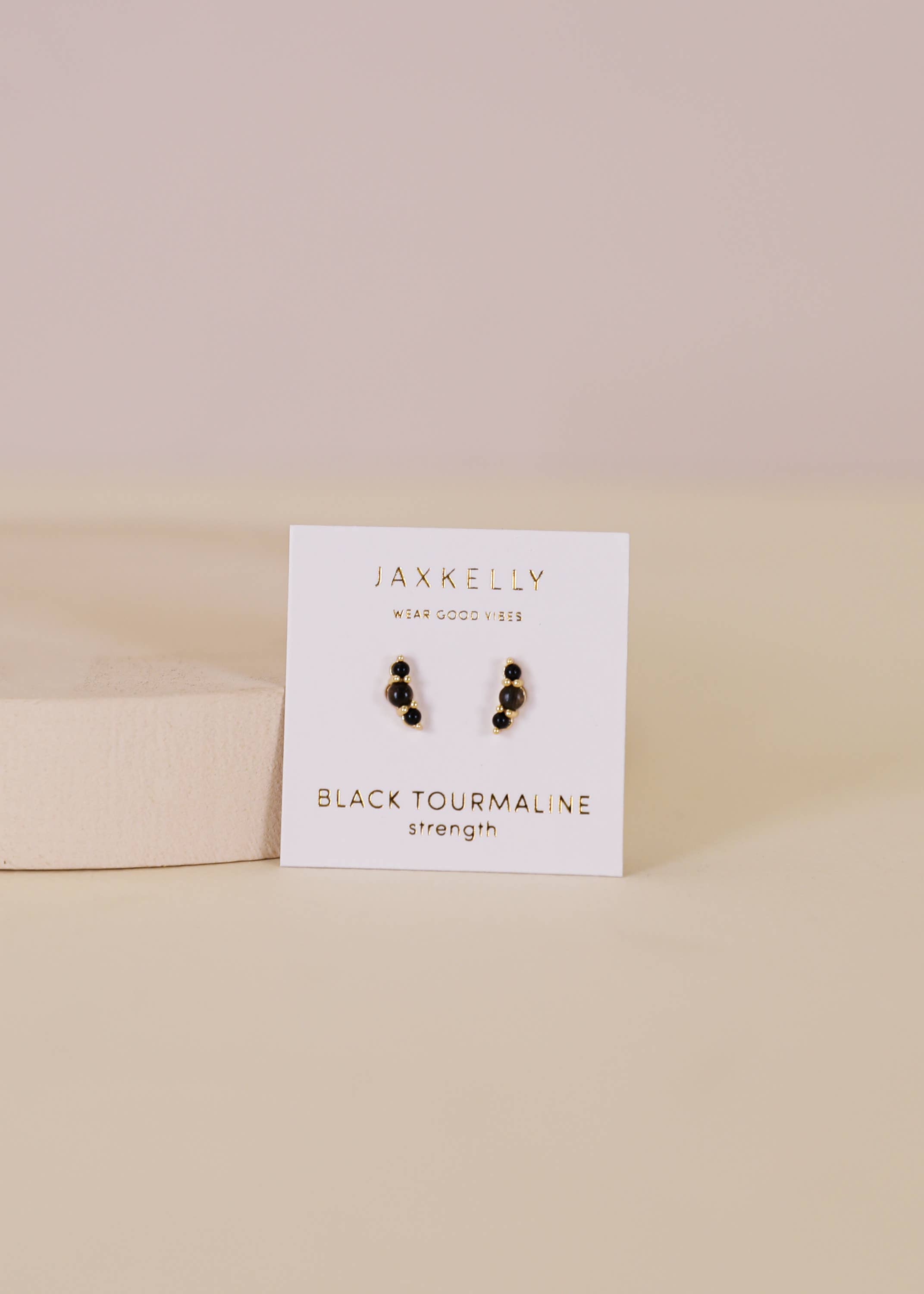 Black Tourmaline Crescent Gold Earrings