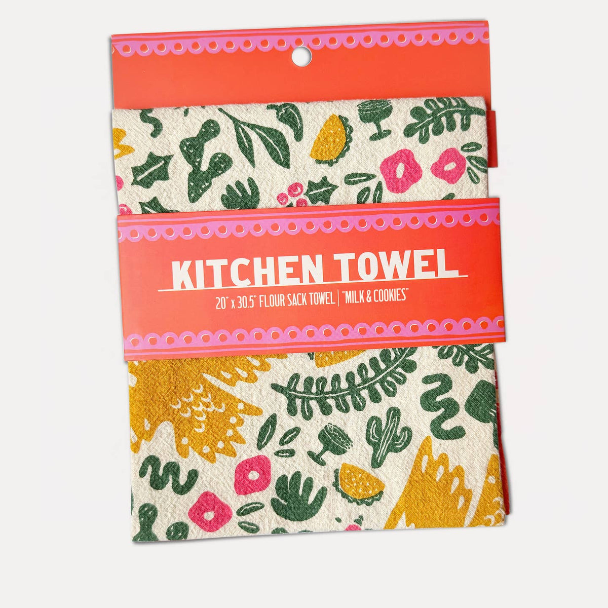 Folded kitchen towel with orange top band, pink trim, 'KITCHEN TOWEL' text, cactus print