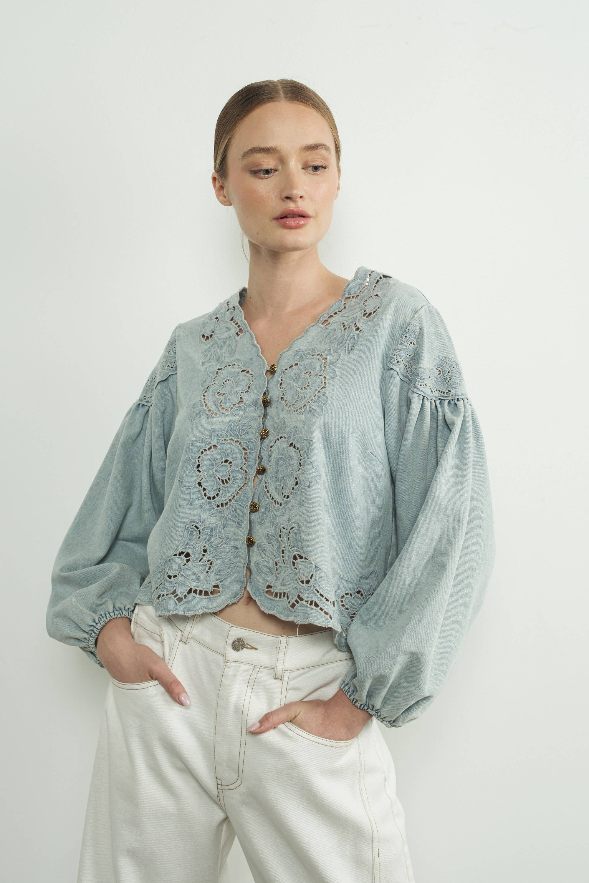 When In Rome Embroidered Blouse - Denim