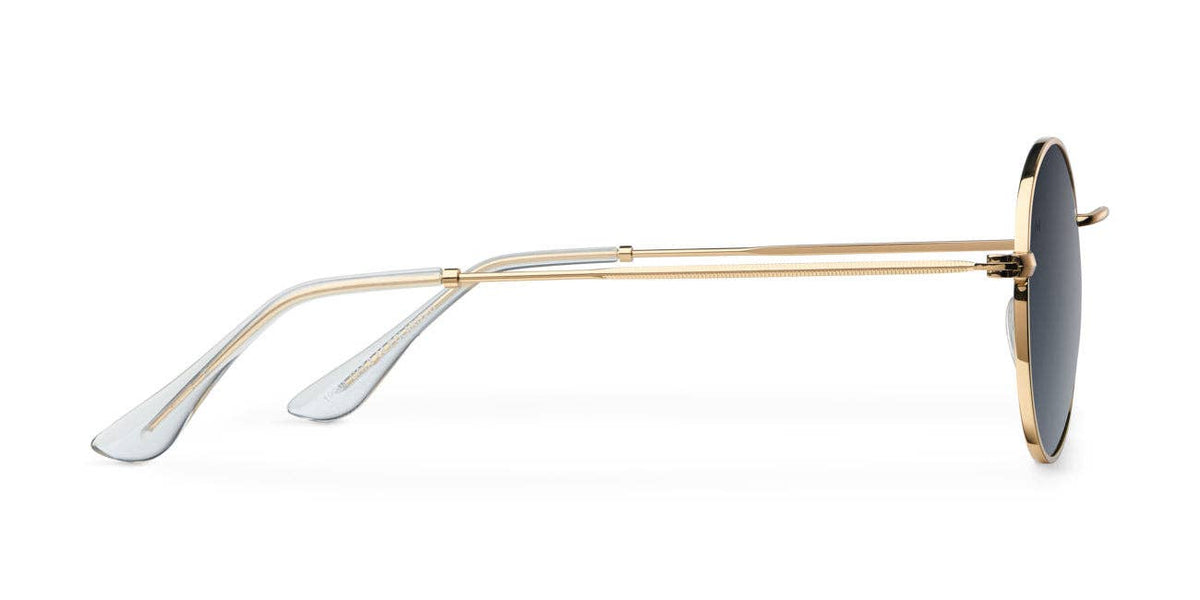Round gold-tone sunglasses with dark lenses, slim metal frame and extended temple arms