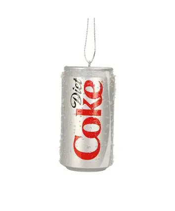Diet Coke can ornament, silver glitter with red-white label, hanging chain