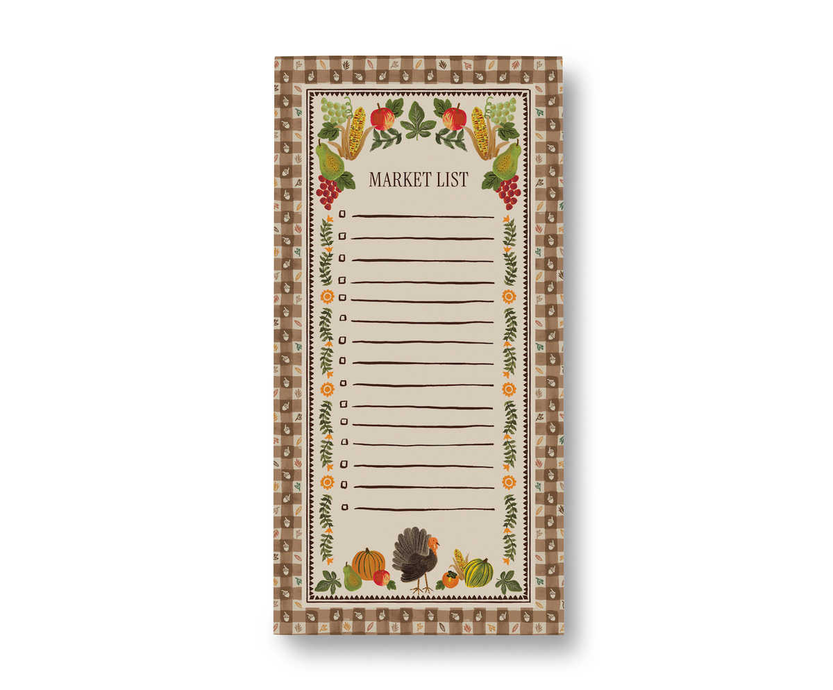 Harvest gingham market list pad with vegetable print and lined checklist