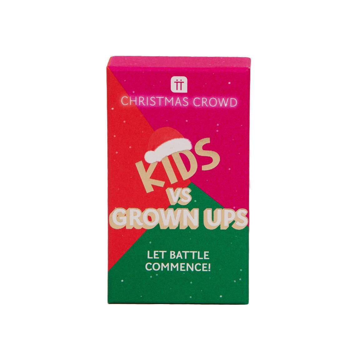 Kids vs Grown Ups Christmas party game box, pink and green with Santa hat icon