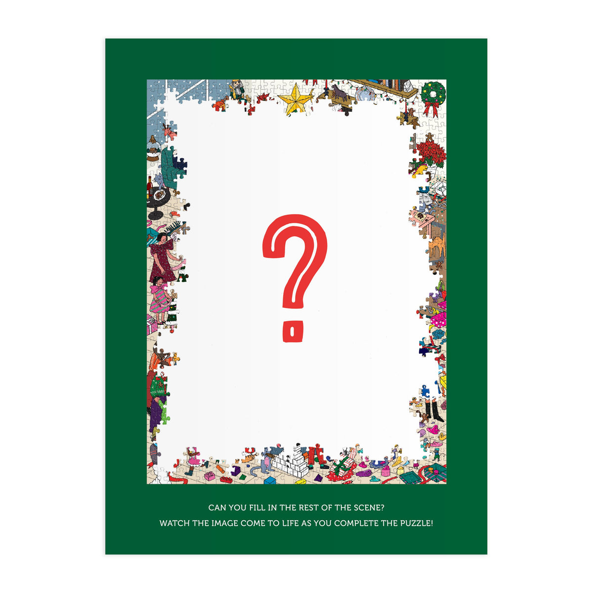 Printed jigsaw puzzle insert with green border, red question mark, and scattered pieces