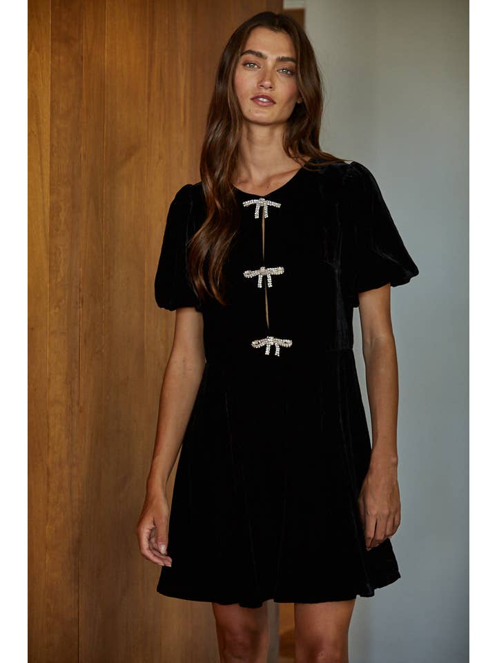 Velvet Sparkle Bow Mini Dress