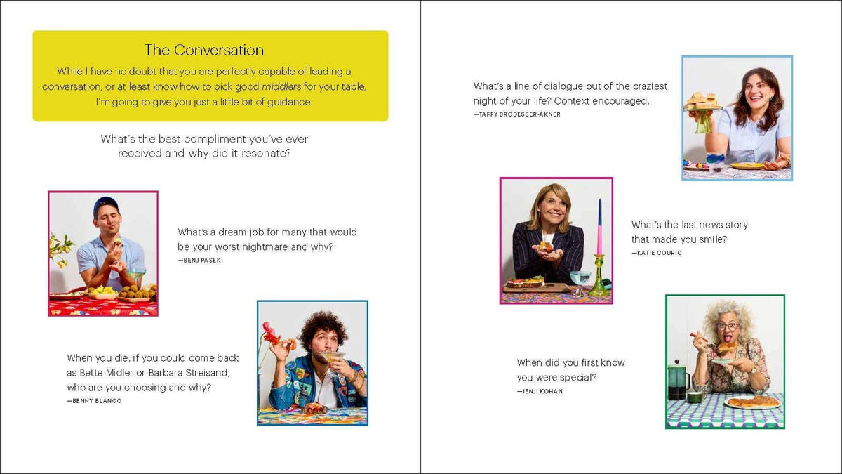 Cookbook open spread with interview-style prompts and small author photos.