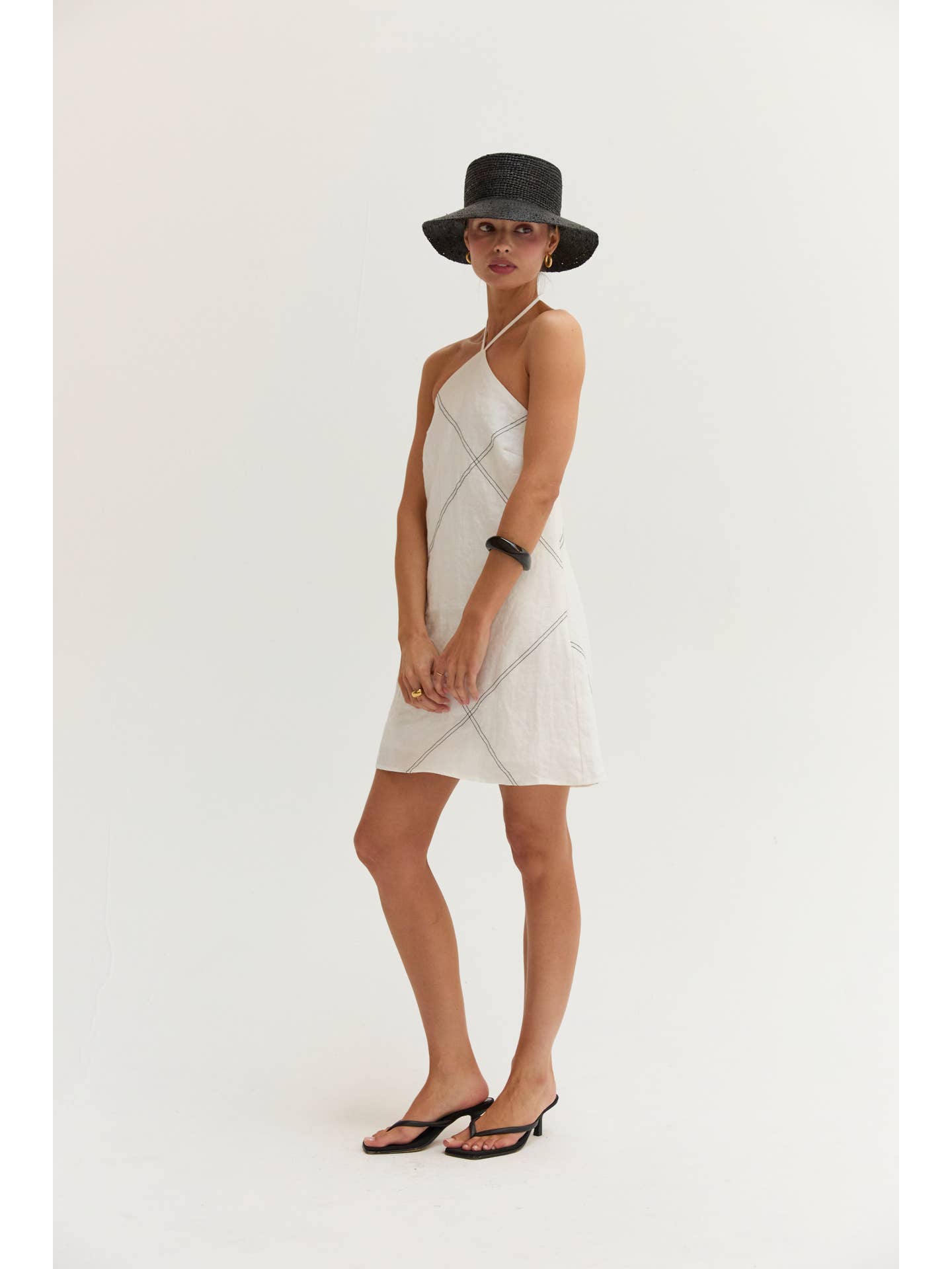 Lena Linen Contrast Stitch Halter Mini Dress