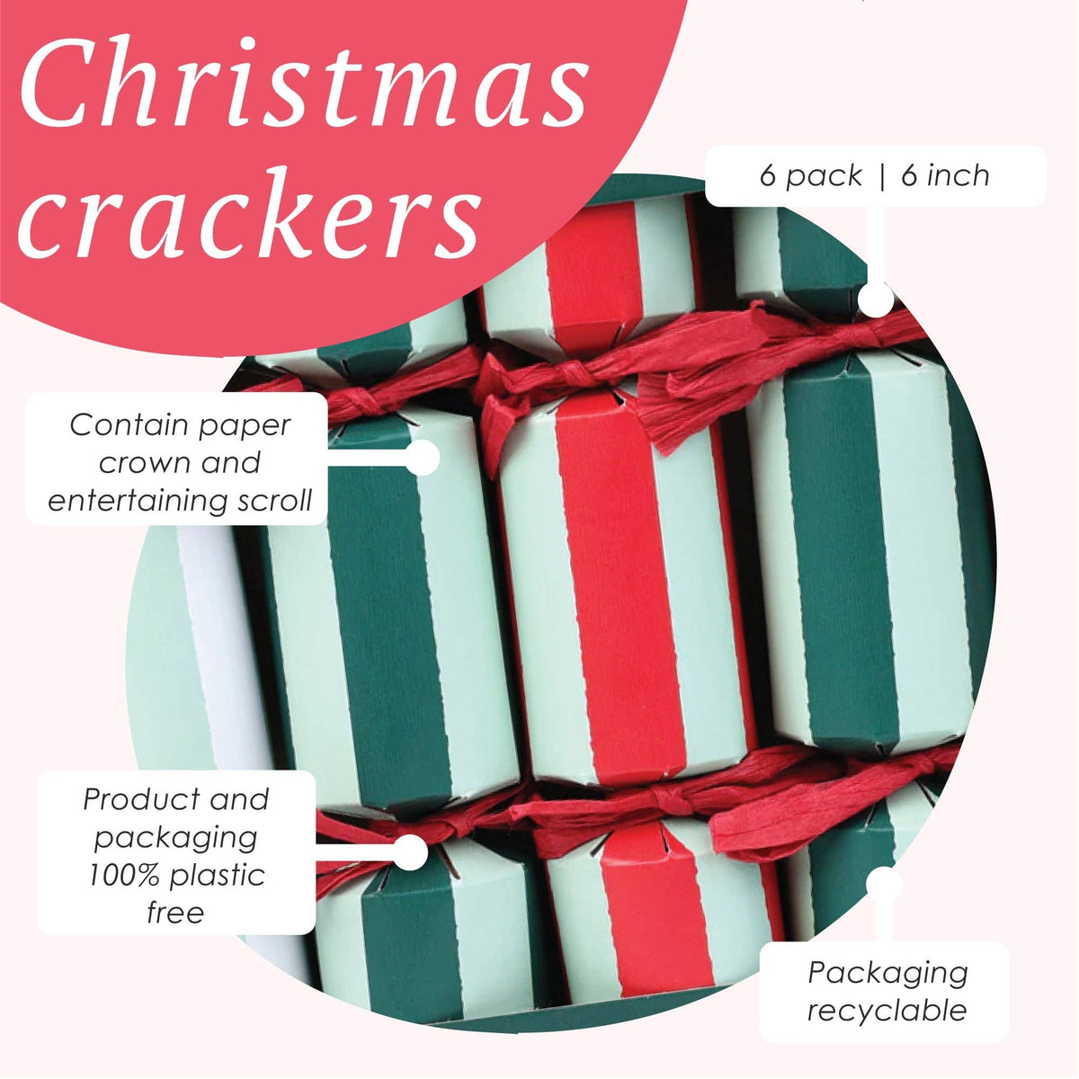 Mini striped Christmas crackers with red ribbon ties and paper scroll ends