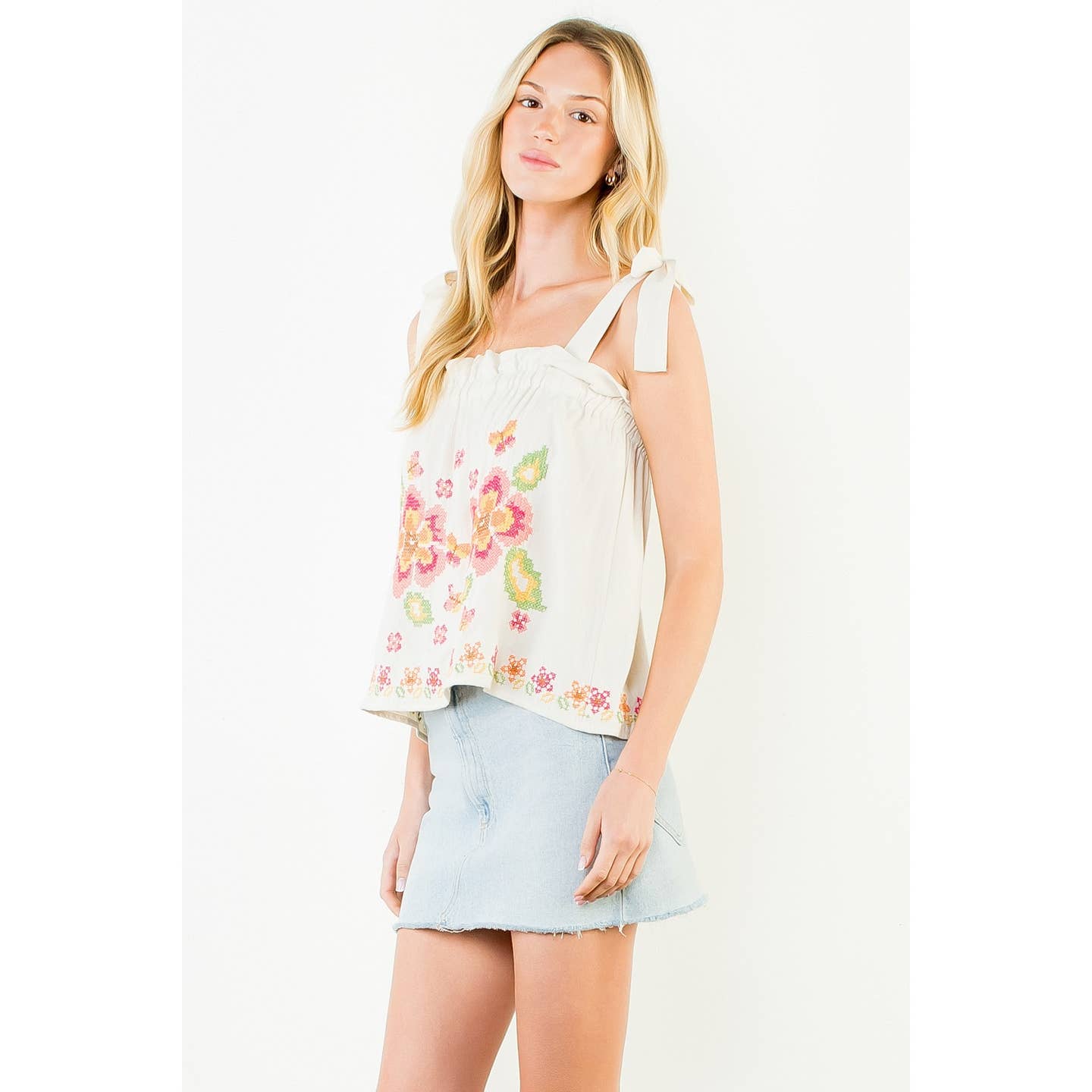 Embroidered Self Tie Tank