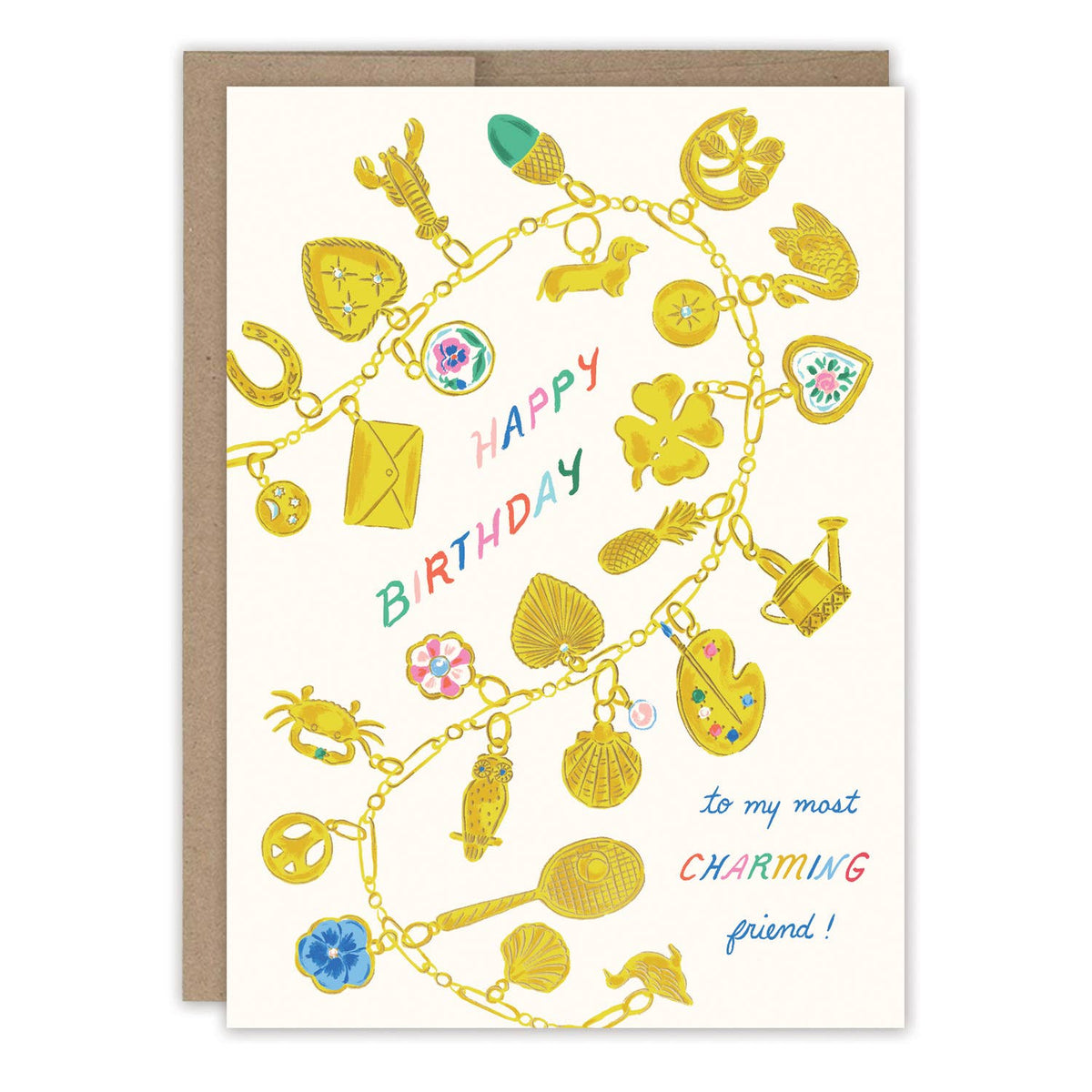 Birthday card with gold charm pattern, Happy Birthday text, and charming friend message