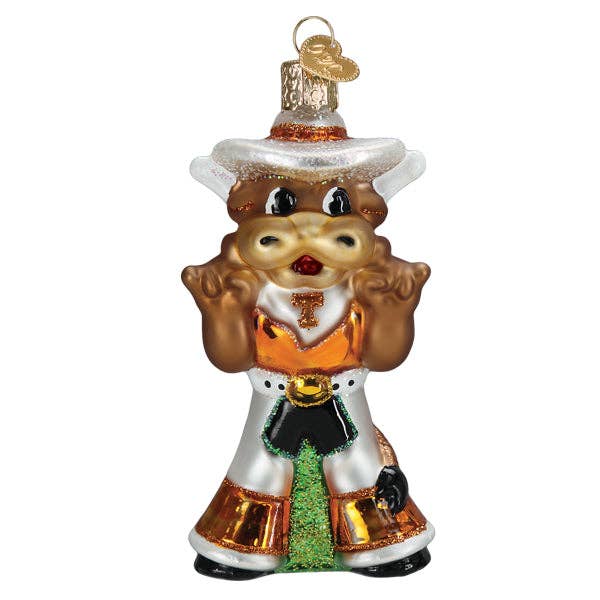Bevo longhorn ornament in white and gold cowboy outfit, front view with loop