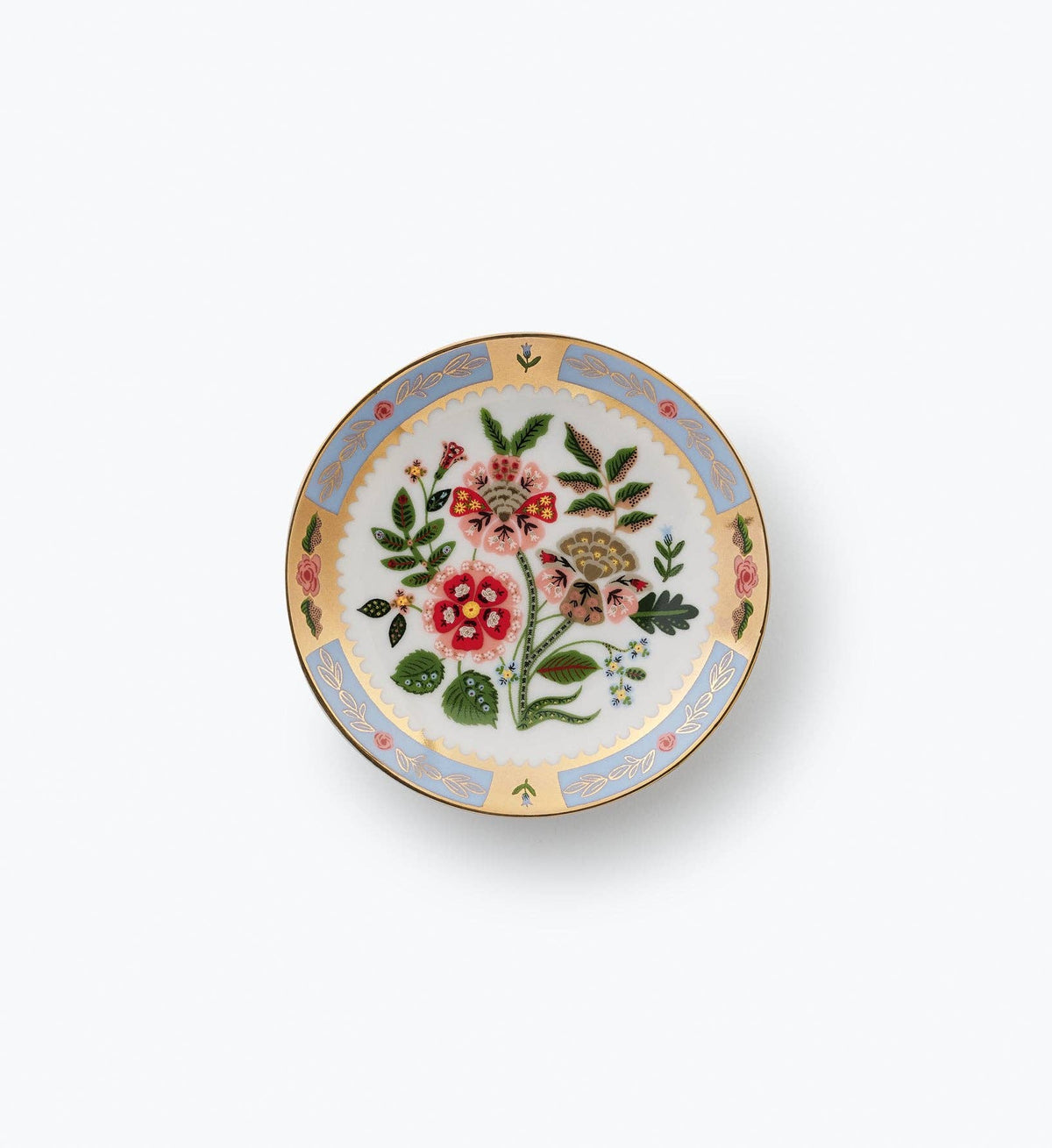 Floral porcelain ring dish with blue trim and raised tree motif