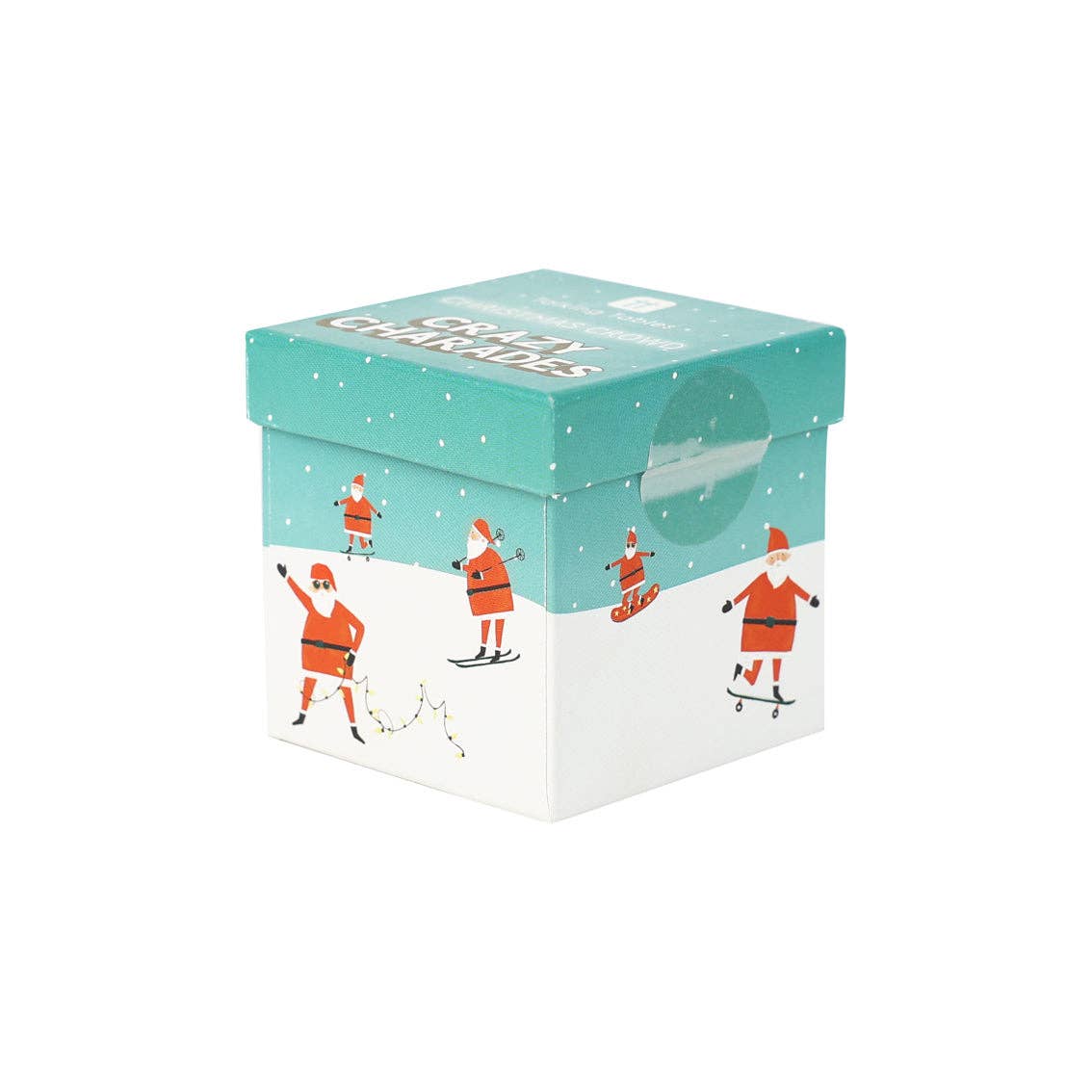 Teal Christmas charades game storage box with cartoon reindeer figures.