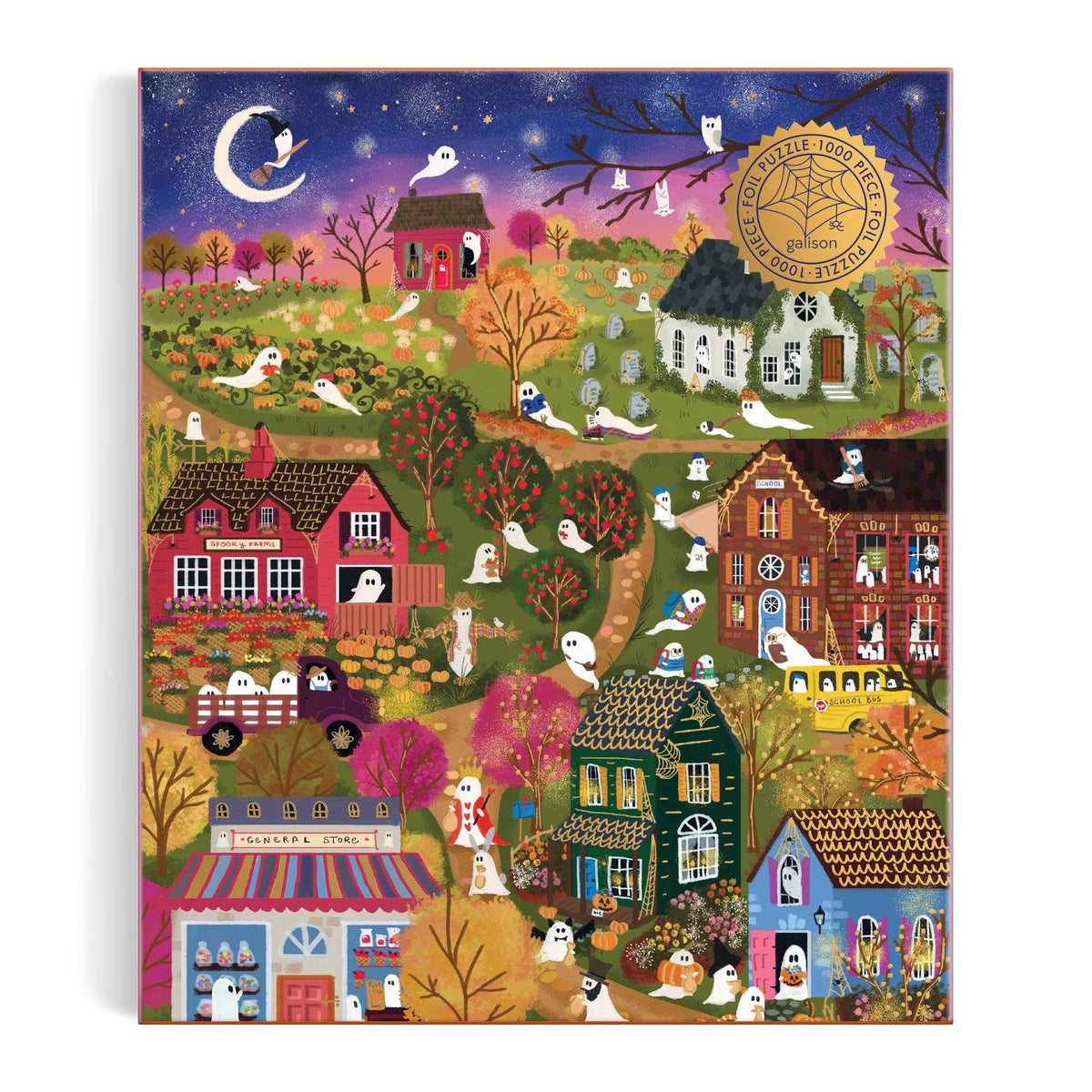 Spooky village foil jigsaw puzzle artwork with houses, trees, and a moonlit sky