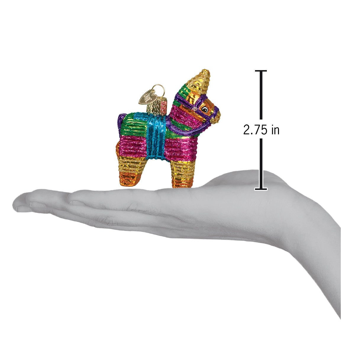 Piñata ornament shaped like a colorful donkey with hanging loop
