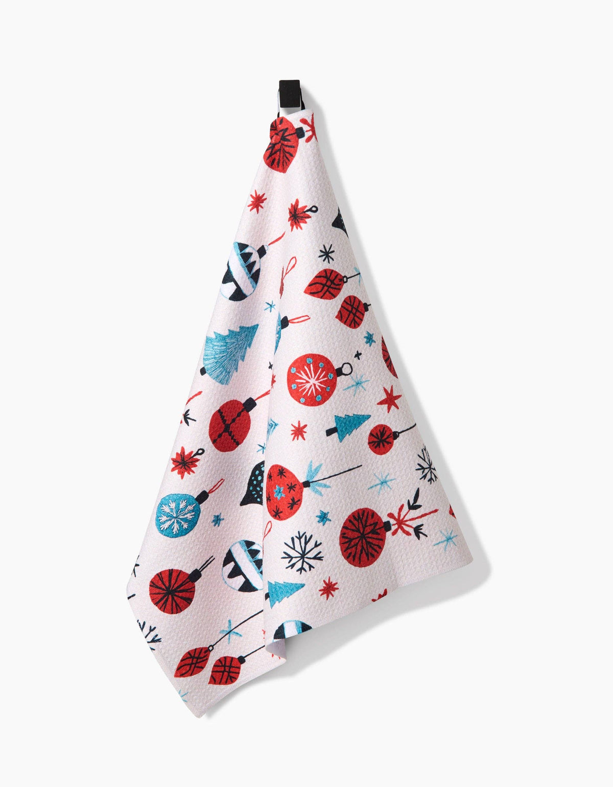 Hanging white tea towel with embroidered Christmas baubles and ornament icons