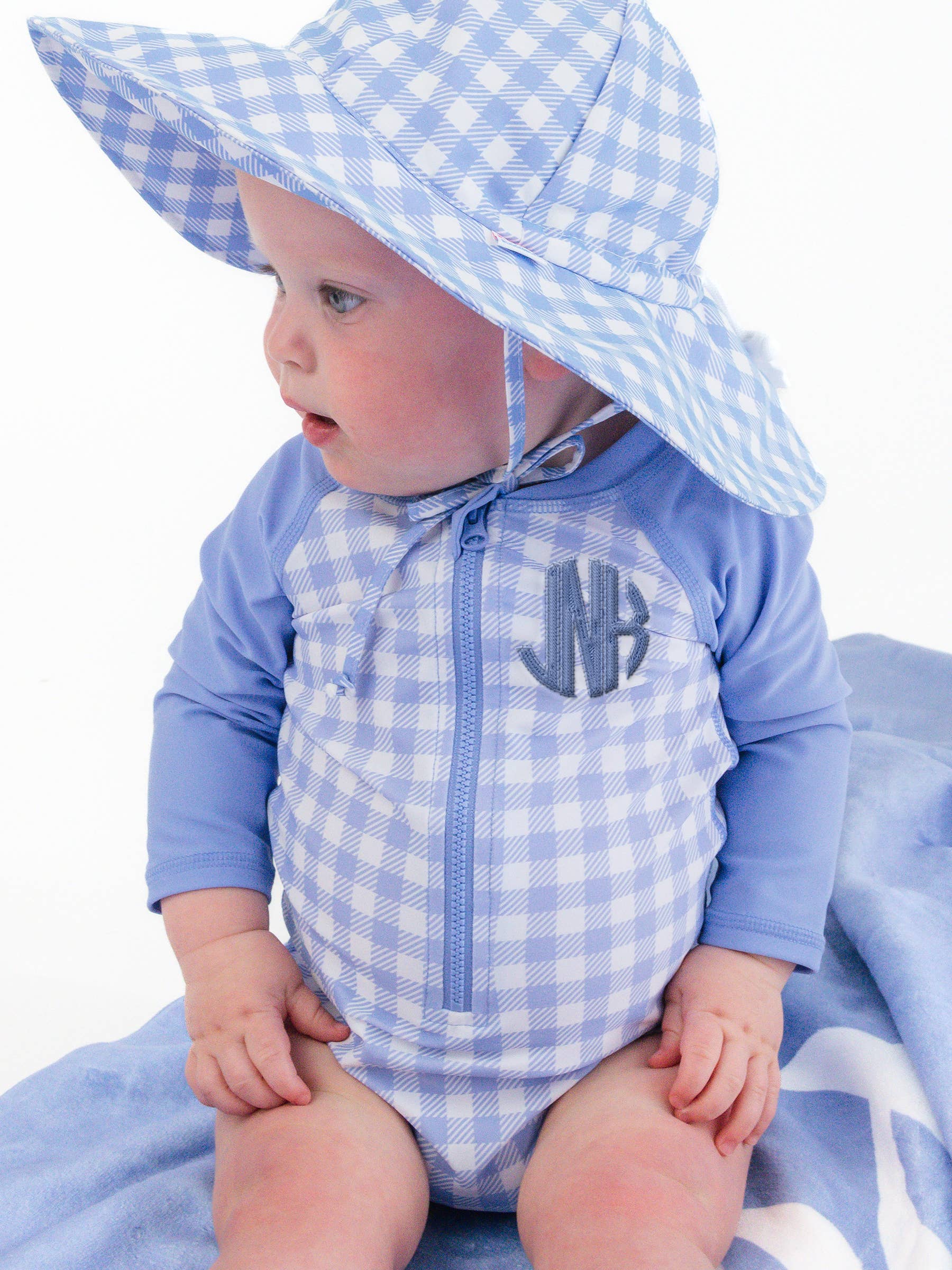 Gingham One Piece Rash Guard Swimsuit - Periwinkle Blue *FINAL SALE*