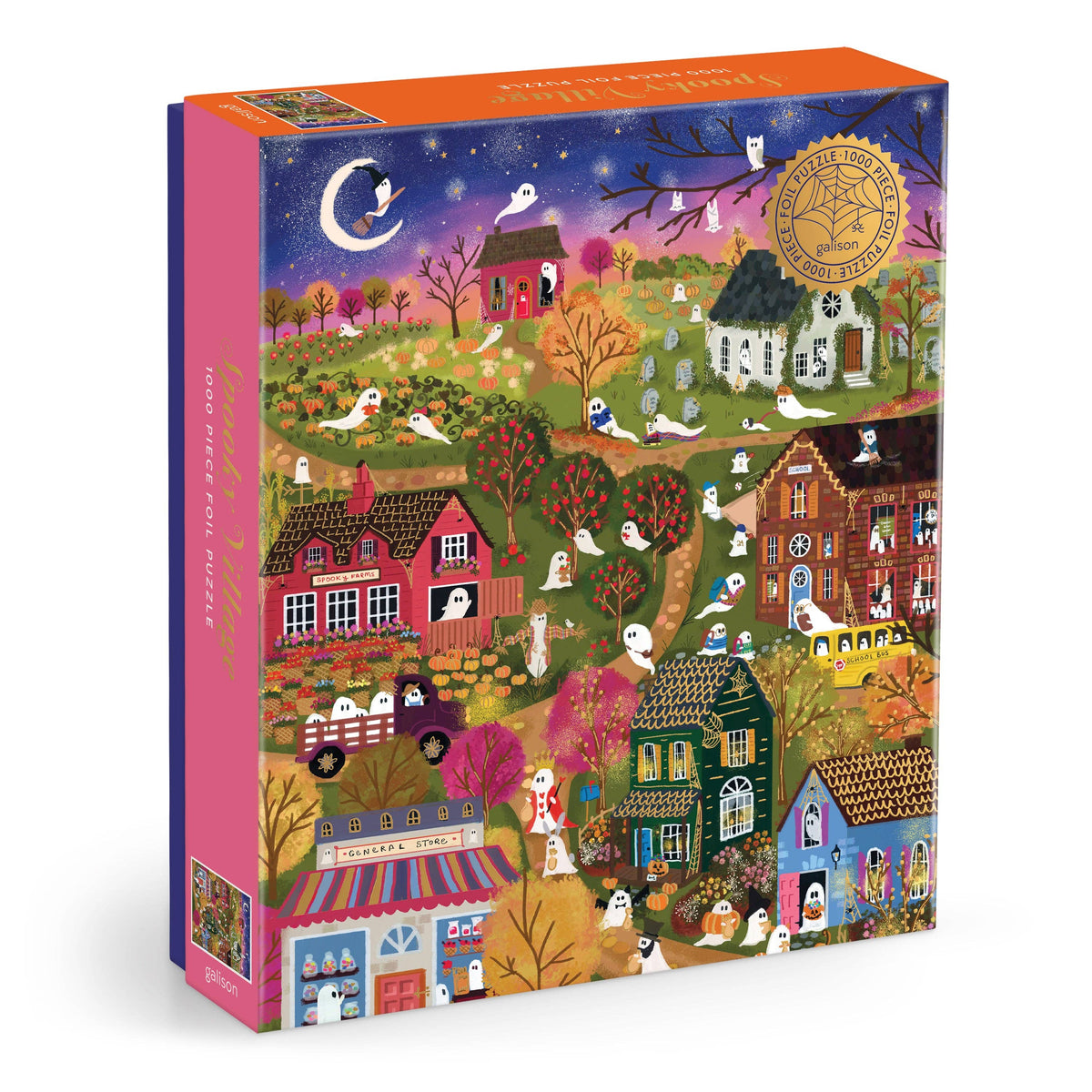 Foil jigsaw puzzle box, three-quarter view, showing spooky village scene with moon