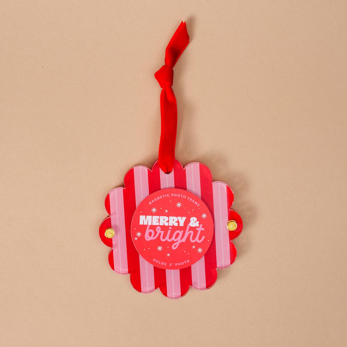 Peppermint striped scalloped ornament magnetic photo frame with “Merry & bright” insert