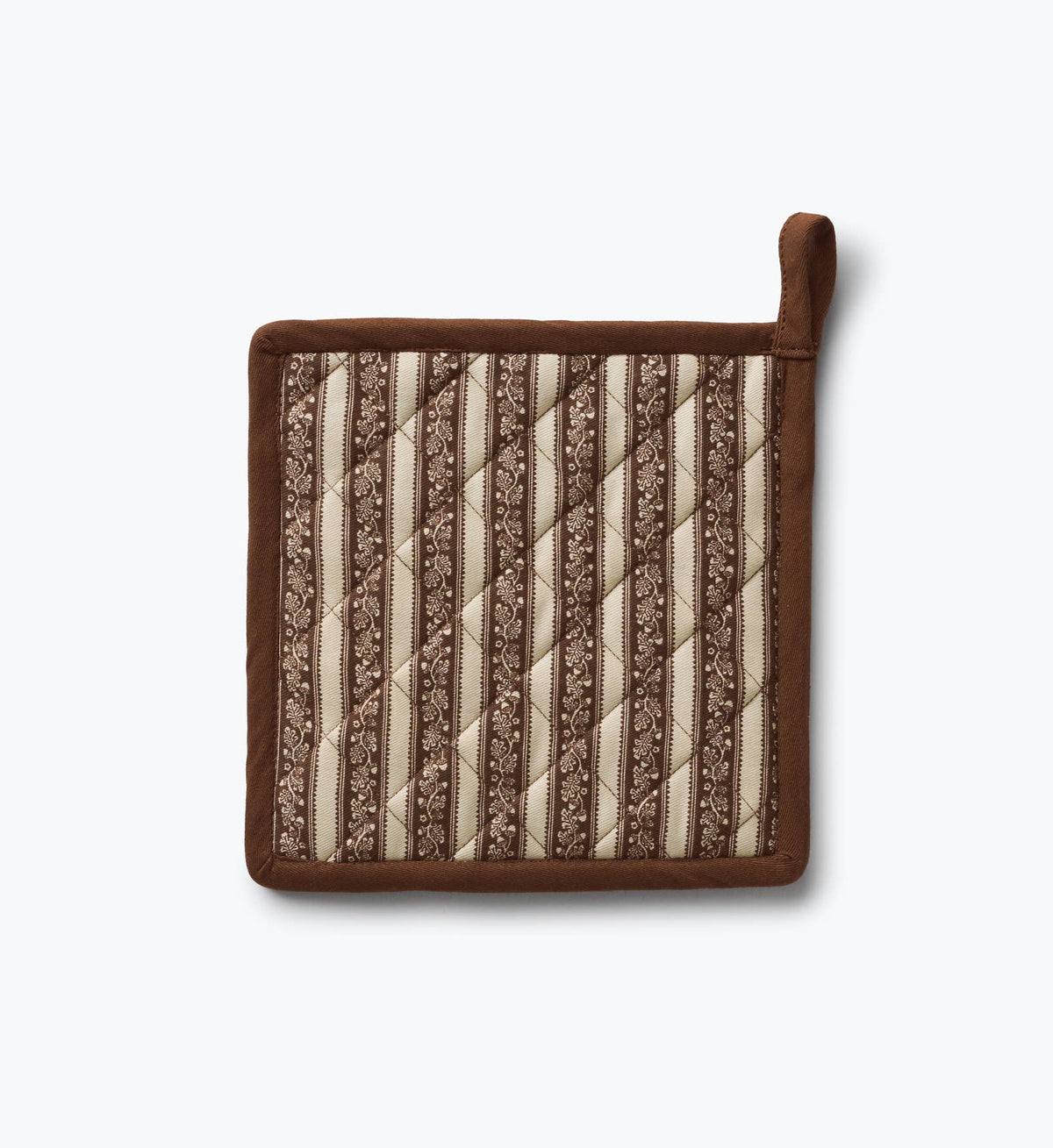 Brown pot holder with vertical stripe panel and hanging loop corner