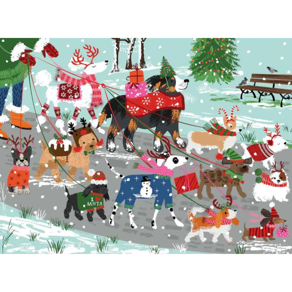 Snowy pet holiday puzzle cover with cats, dogs, gifts, and festive trees
