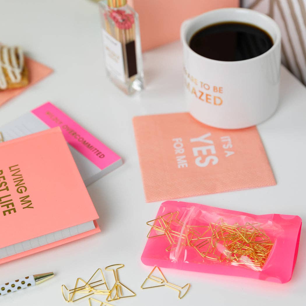 Gold martini glass paper clips with pink clear pouch and coffee cup