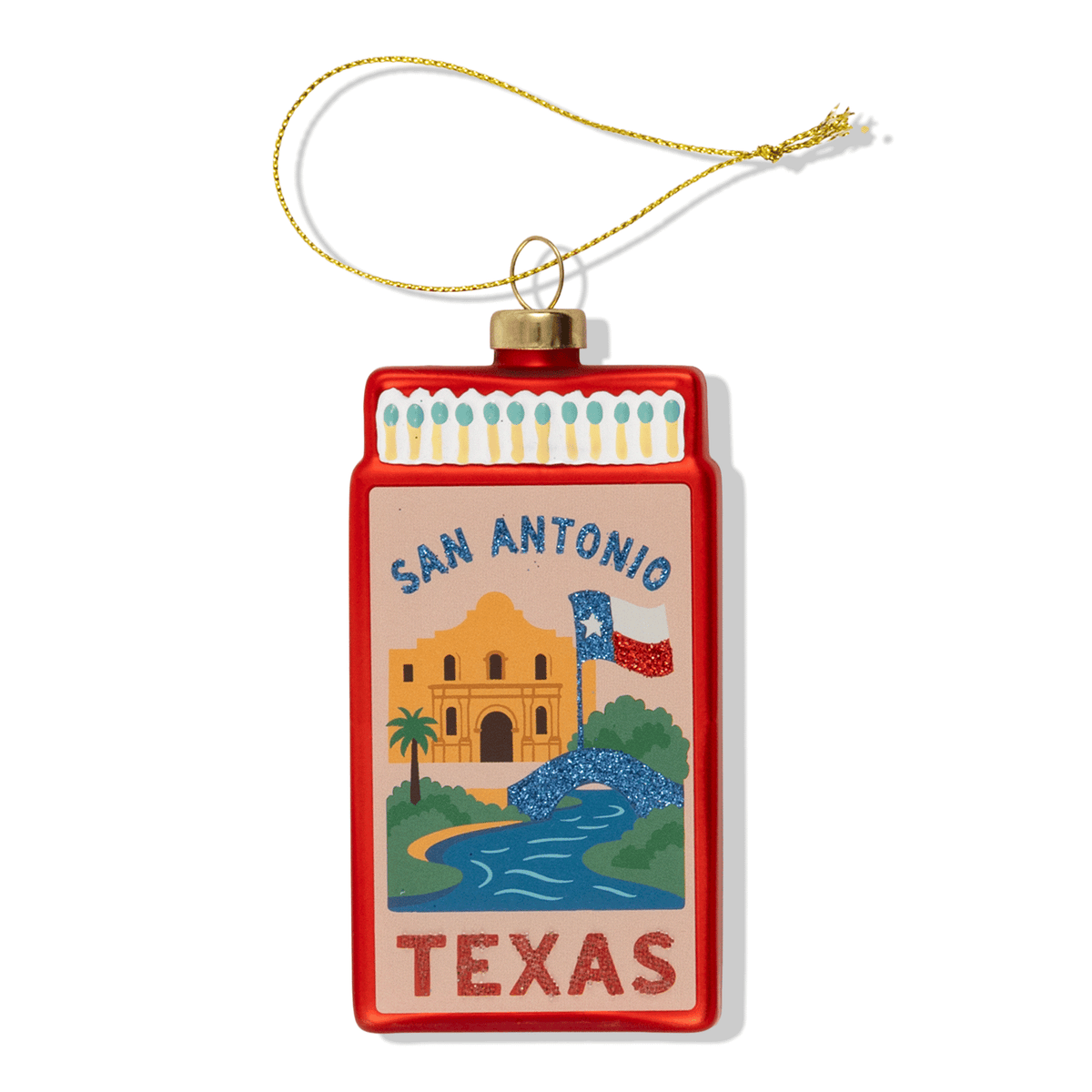Red matchbook-style ornament with San Antonio Texas graphic and gold loop