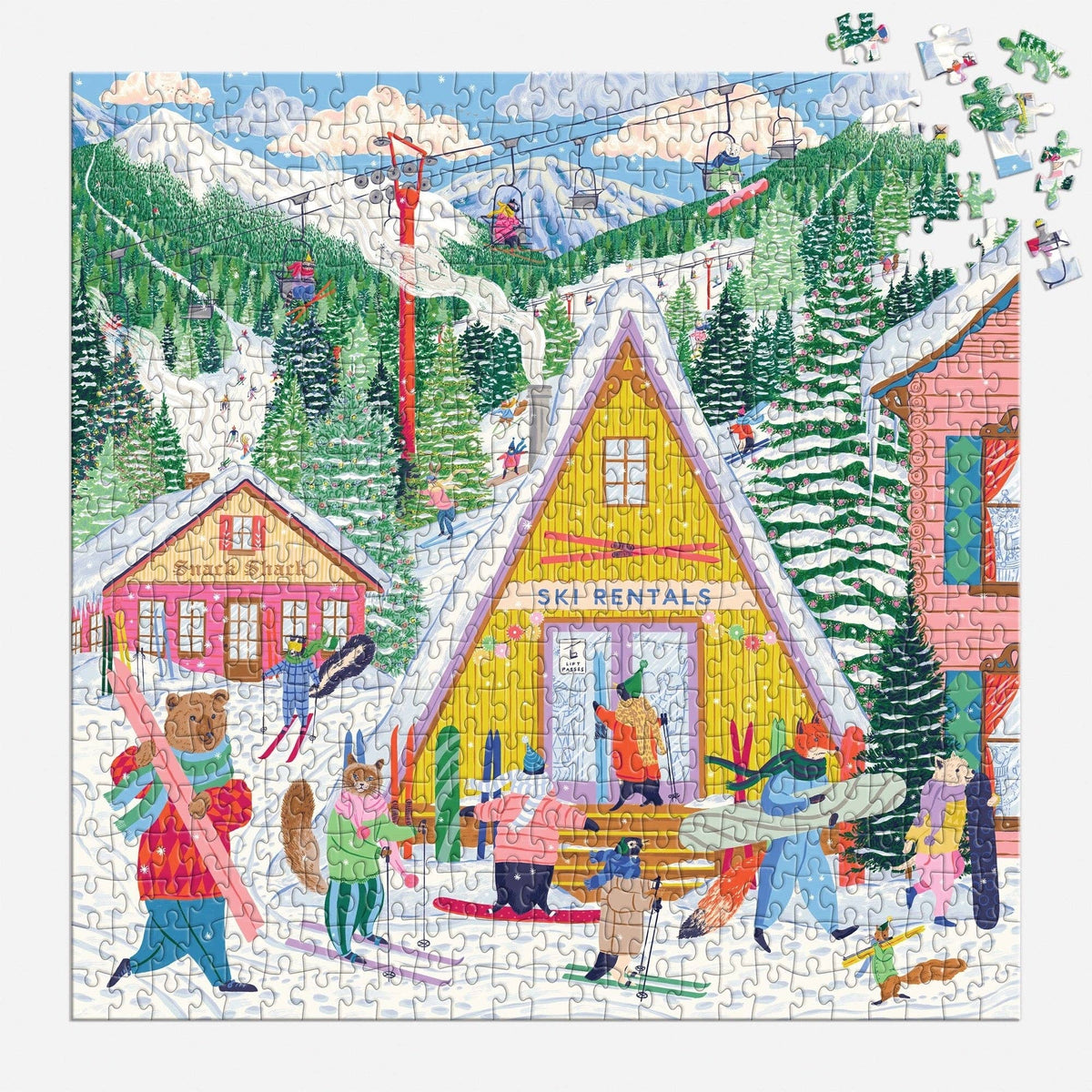 Ski village 500-piece jigsaw puzzle with winter scene and a few loose pieces