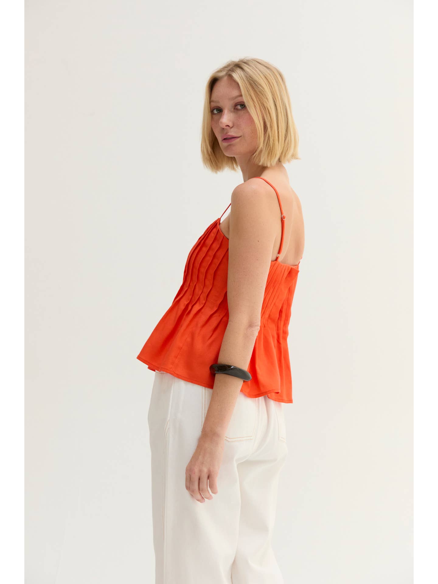 Claudia Pleated Linen Top - Poppy