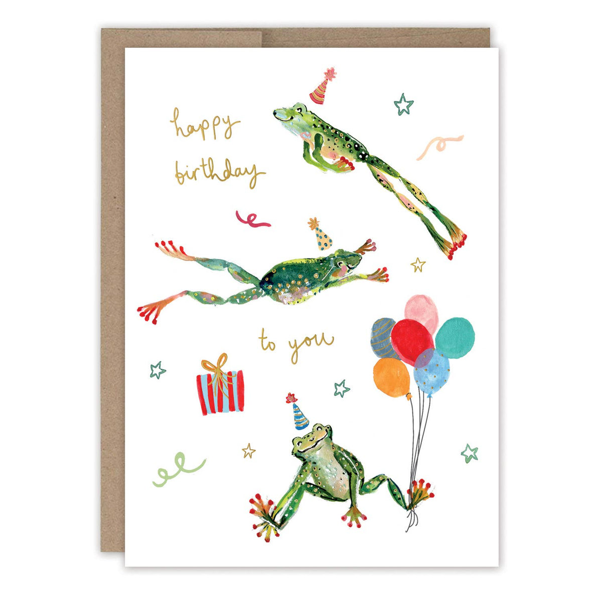 Colorful birthday card with leaping green frog illustrations and balloons, stars