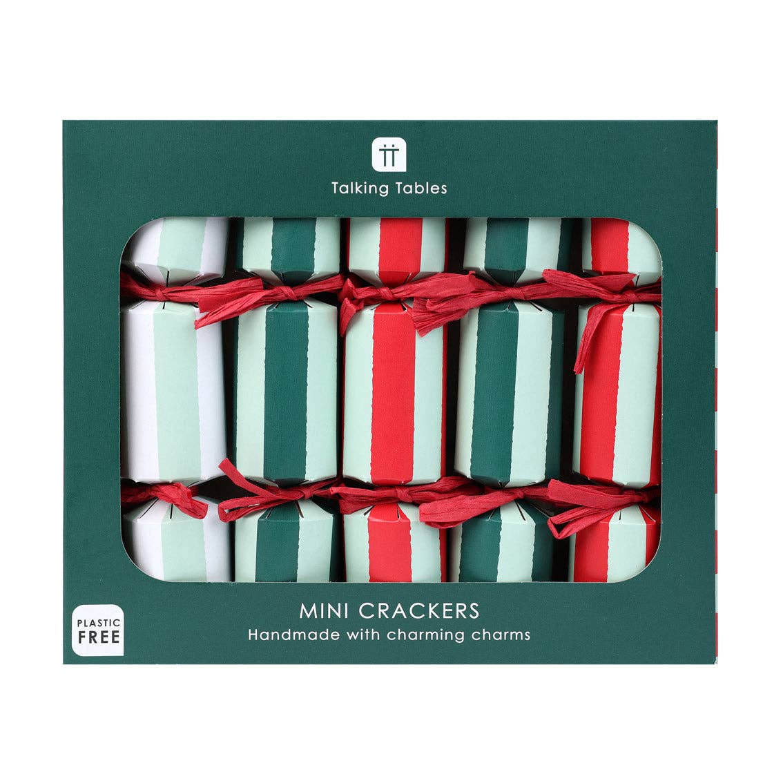 Mini crackers box window showing green, red, and white striped crackers with red ties
