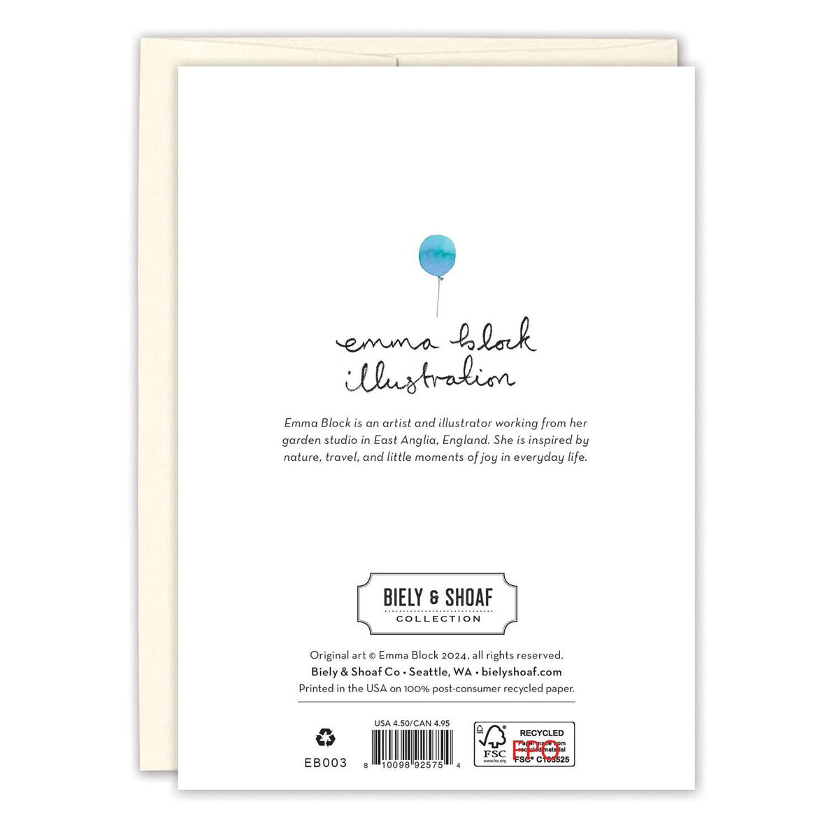 Birthday card back: Emma Block illustration text with BIELY & SHOA F collection details