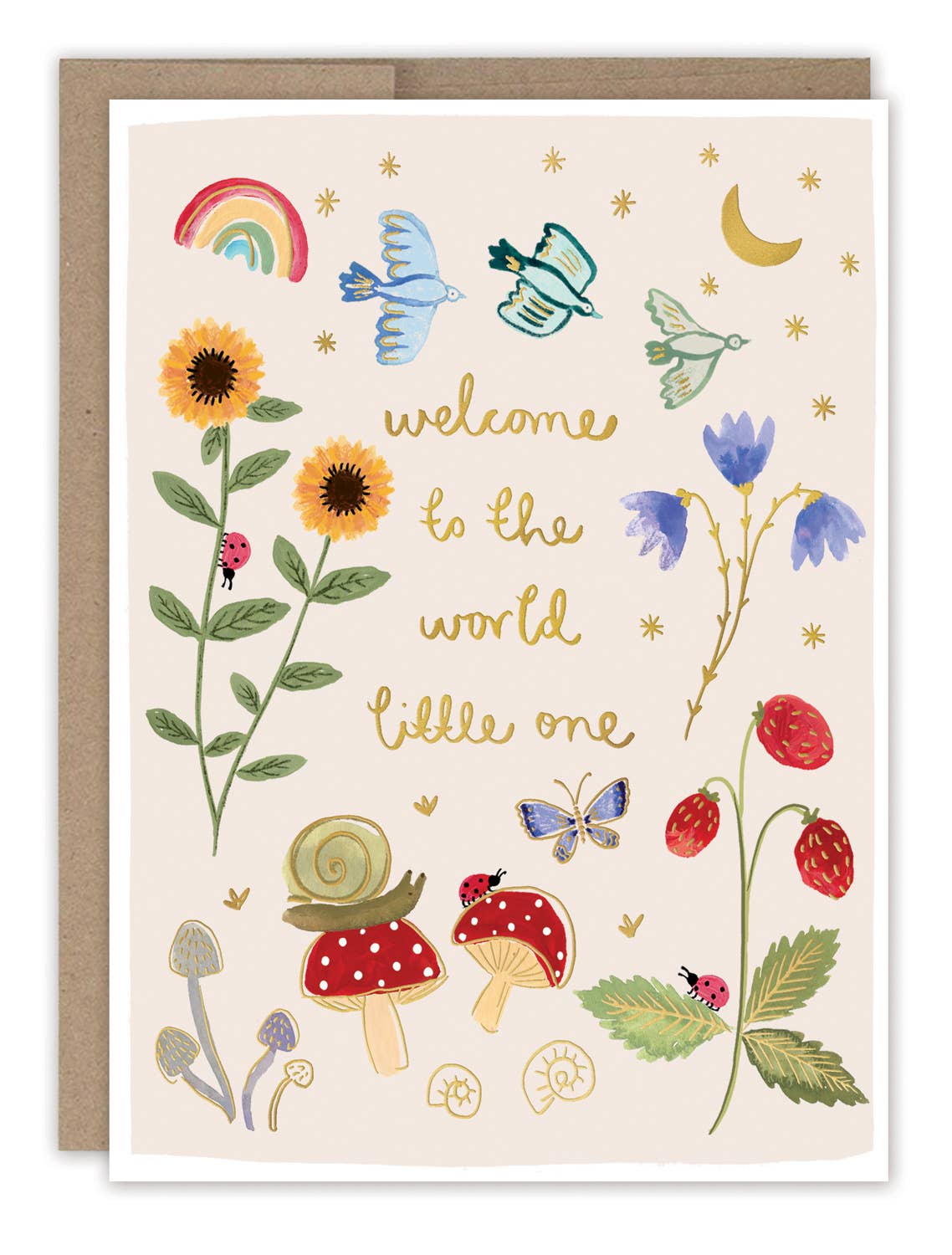 Baby welcome-to-the-world card with rainbow, flowers, butterflies, mushrooms, and stars