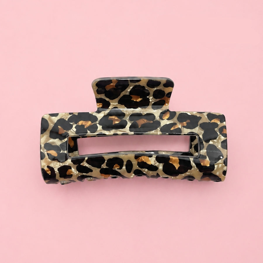 Light leopard rectangle claw clip with open center bar and black pattern