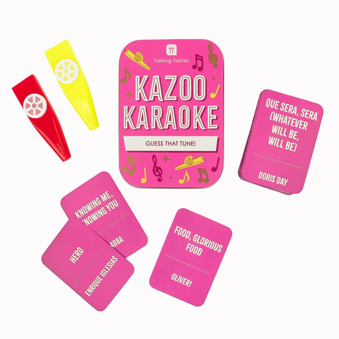 Kazoo Karaoke talking game cards with music-note themed prompt cards