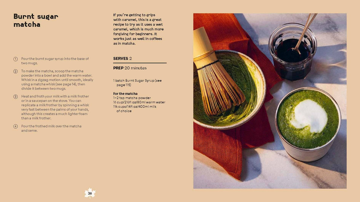 Matcha drinks with whisk and small bowls on a red tabletop