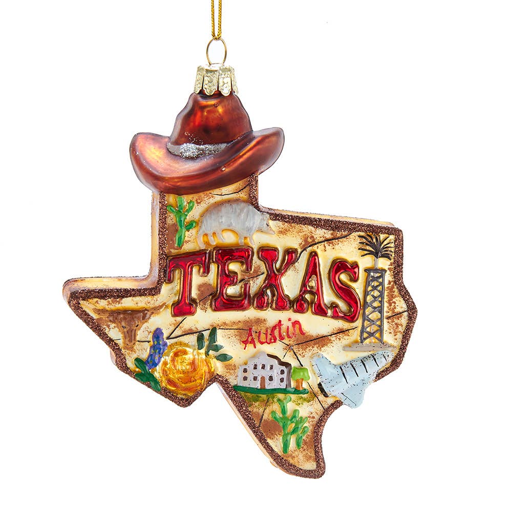 Texas star ornament with cowboy hat top, red TEXAS lettering and Austin details