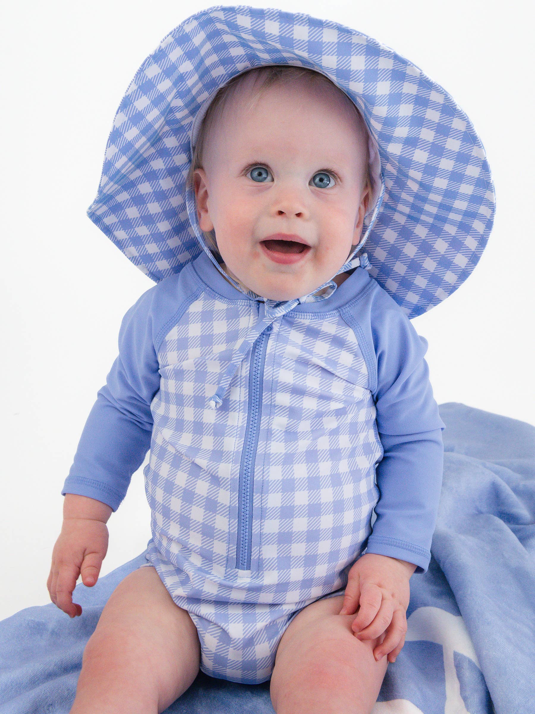 Gingham One Piece Rash Guard Swimsuit - Periwinkle Blue *FINAL SALE*