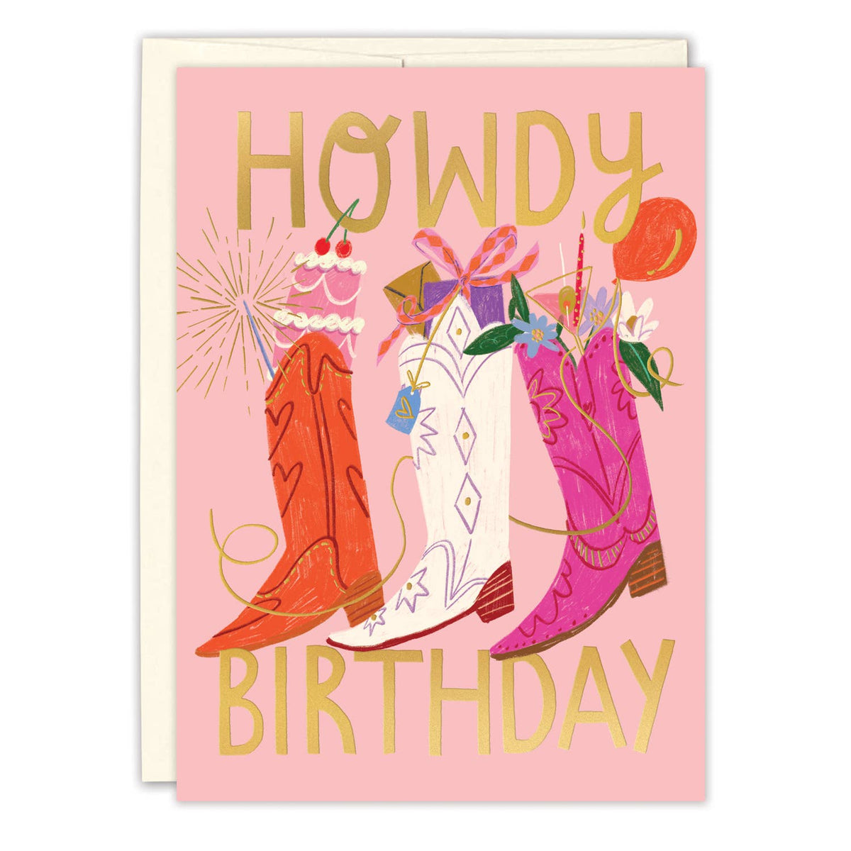 Howdy birthday greeting card with colorful cowboy boots and “Howdy Birthday” text