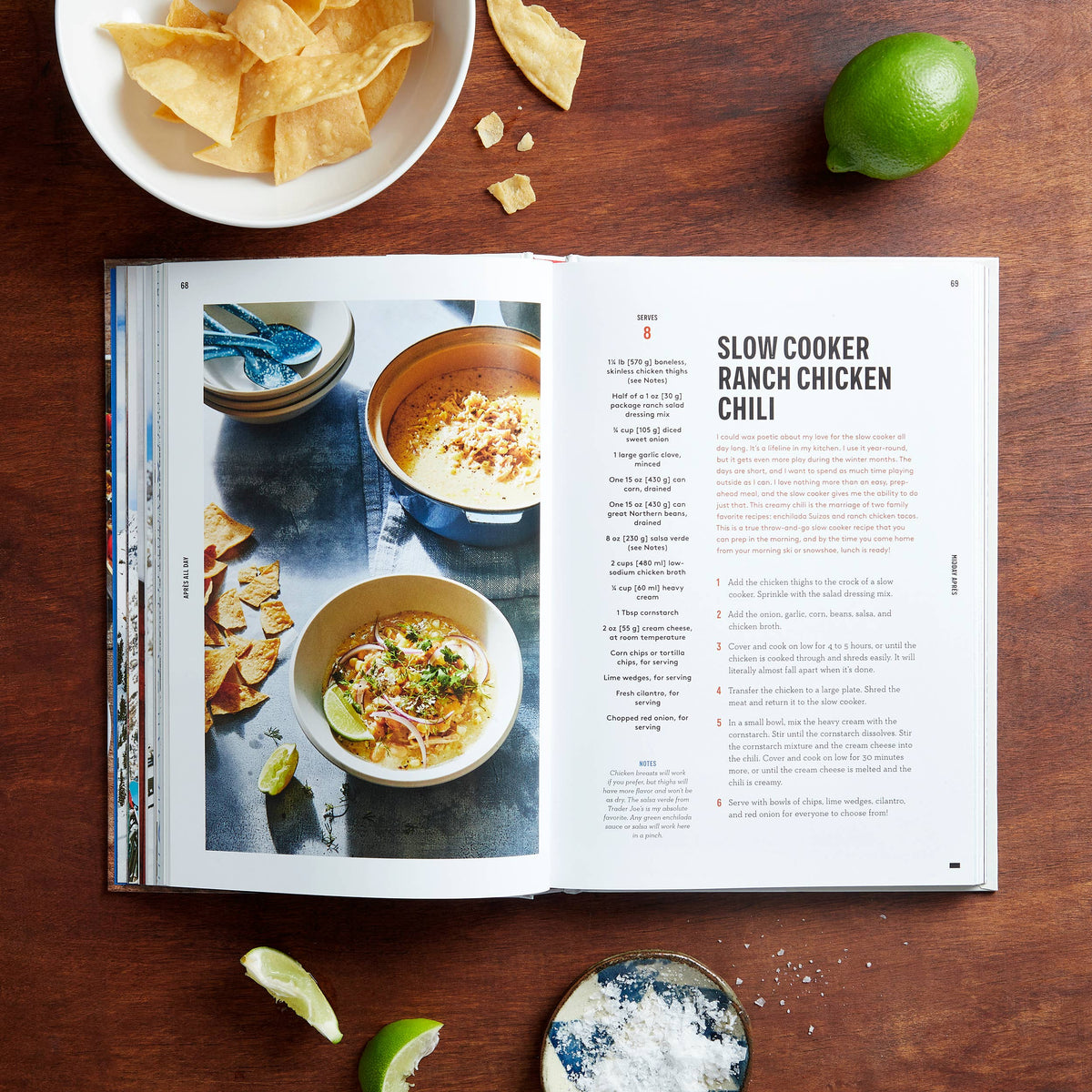 Open cookbook page showing slow cooker ranch chicken chili recipe