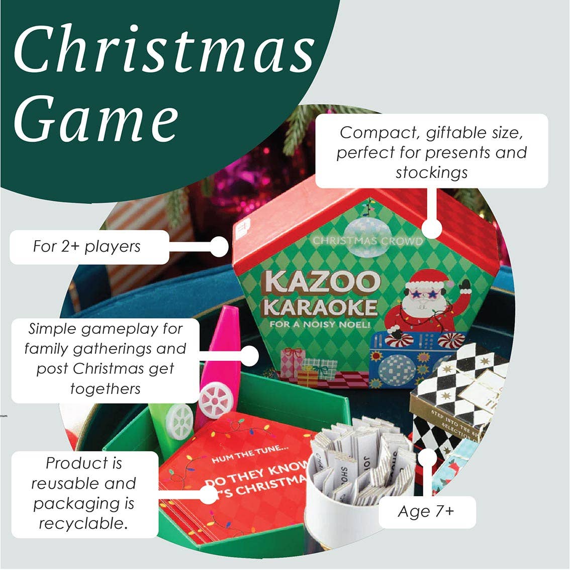 Front of Christmas karaoke game box showing age 7+ and game features
