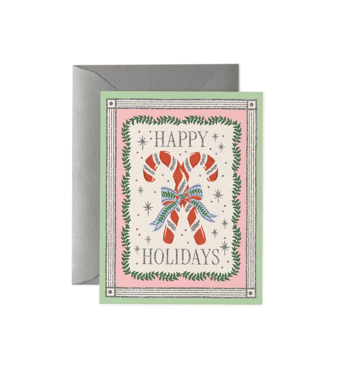 Happy Holidays greeting card with pink front and candy cane boot illustration
