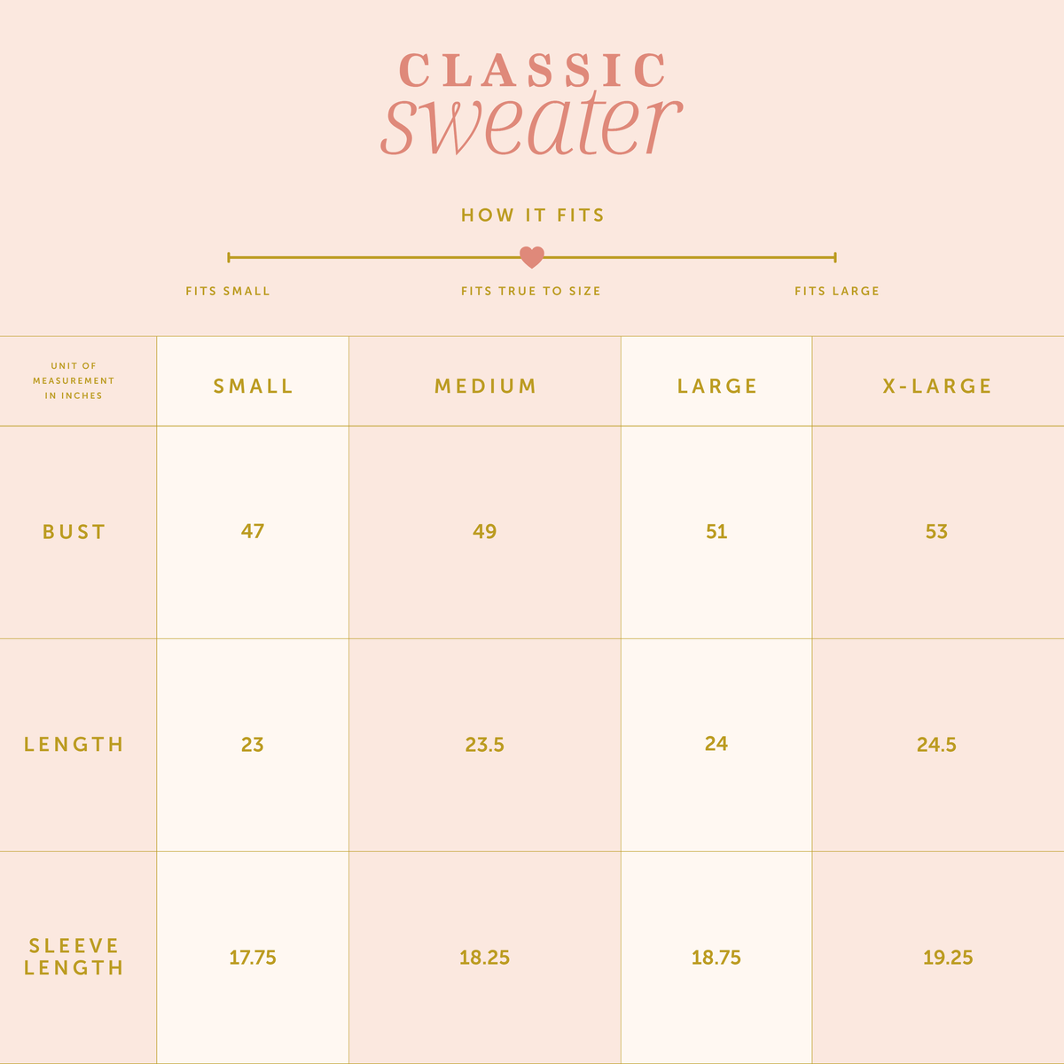 Classic sweater size chart with bust, length, and sleeve length for S to X-Large