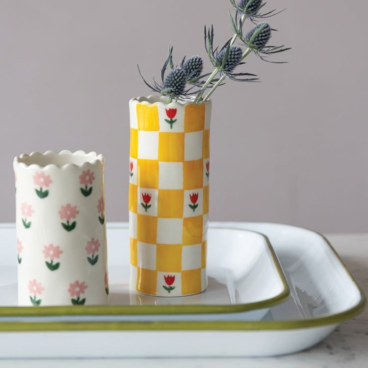 Floral Checkered Stoneware Vase