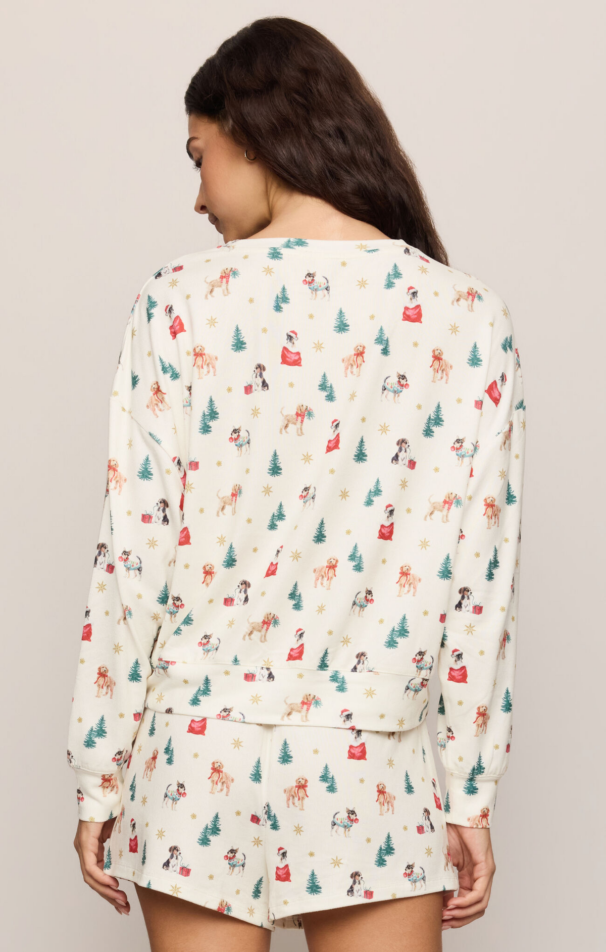 Long-sleeve top with animal and tree print, cream base, round back neckline