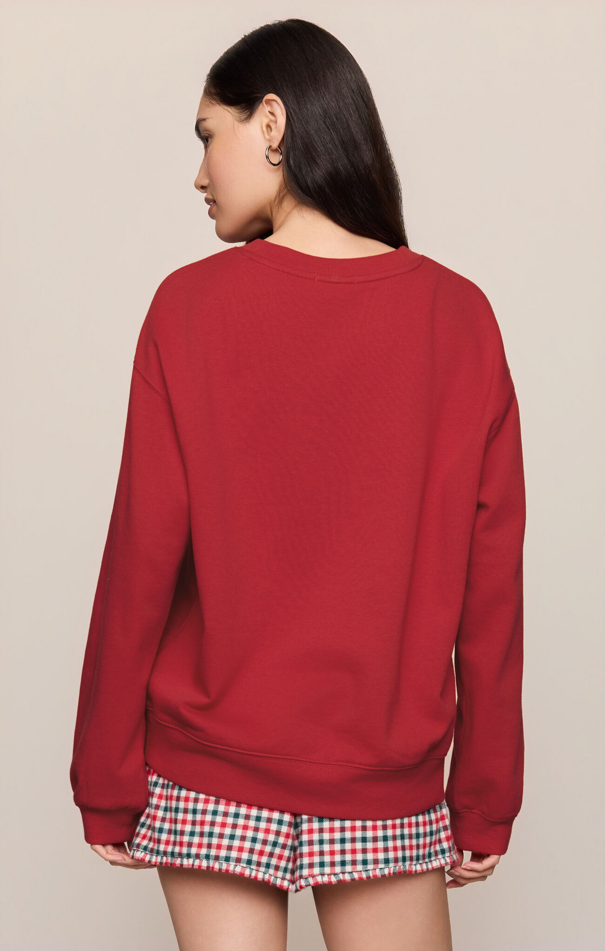 Ruby red sweatshirt, crew neck, long sleeves; back view without graphic.