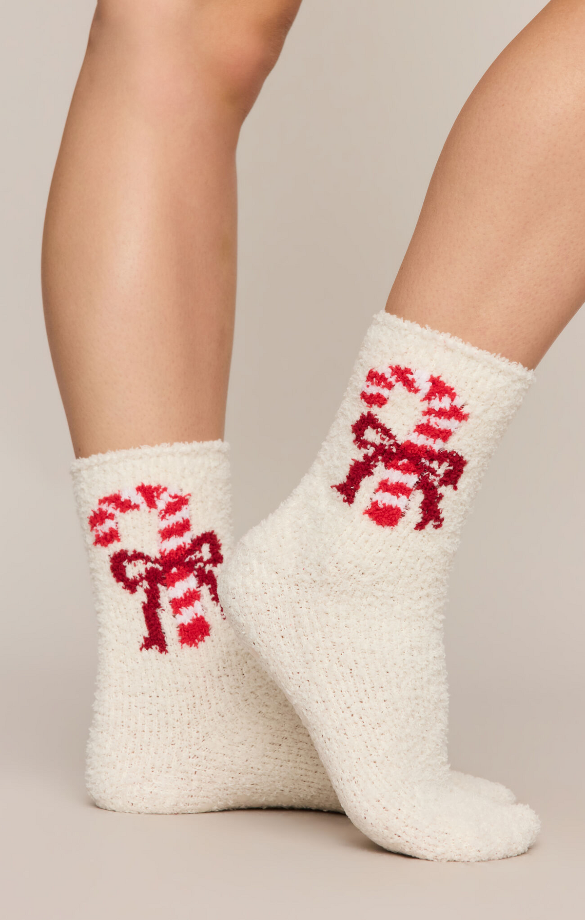 Candy cane socks set, cream knit with red candy cane motifs on crew height