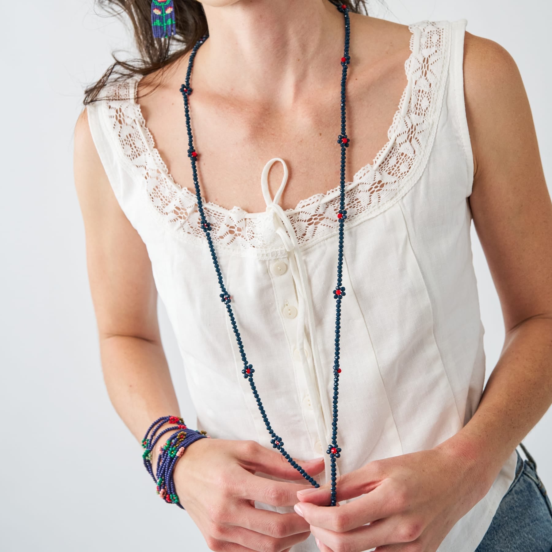 Sage Flower Beaded Stretch Bracelet Set - Navy